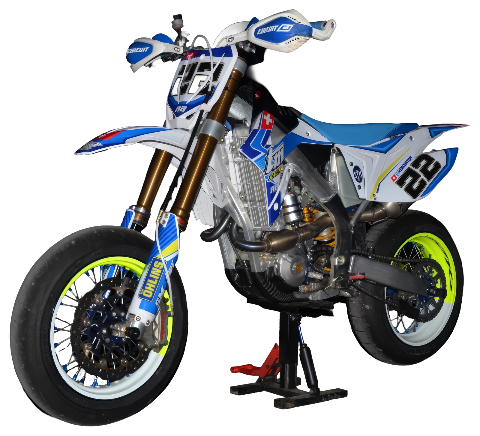 TM 450 SMK supermotard de piste — livrée bleu et blanc, numéro 22